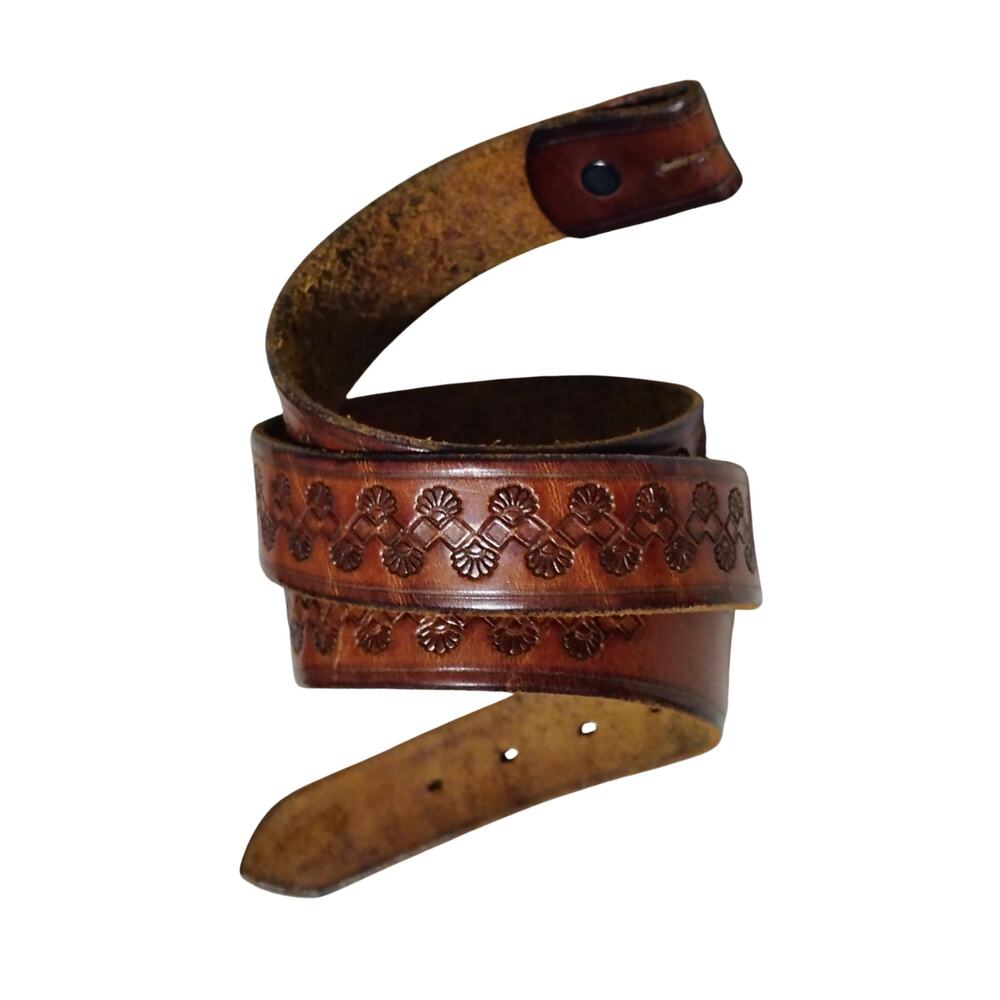 1970s Brown Replacement Belt Leather Tooled Fan Design No Buckle Included 42 In